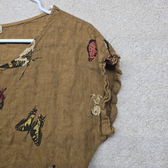 Terzo Millennio Top Linen Brown Butterfly Print Sz Small Back Buttons Lagenlook - Picture 5 of 10